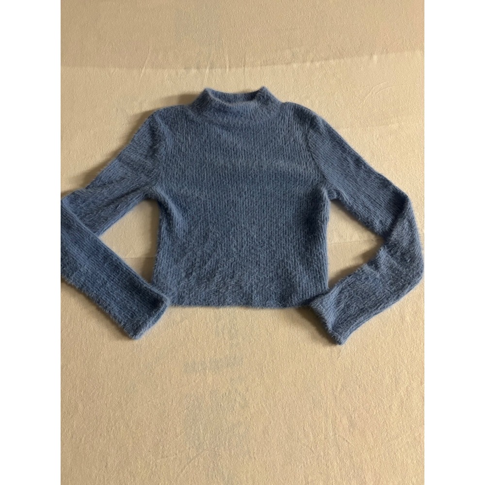 Zara Blue Fuzzy Knit Mock Neck Cropped Sweater Long Sleeve Eyelash Pullover S
